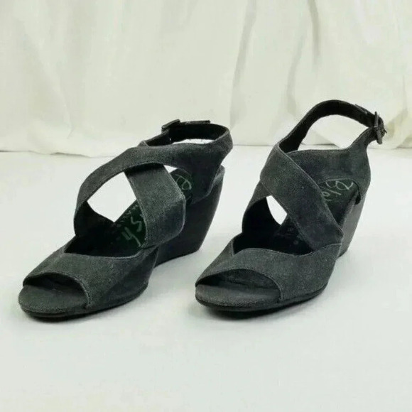 Blowfish Sz 9 Womens Charcoal Gray Denim Canvas Cross Strap Wedge Heel Slingback - Picture 8 of 12